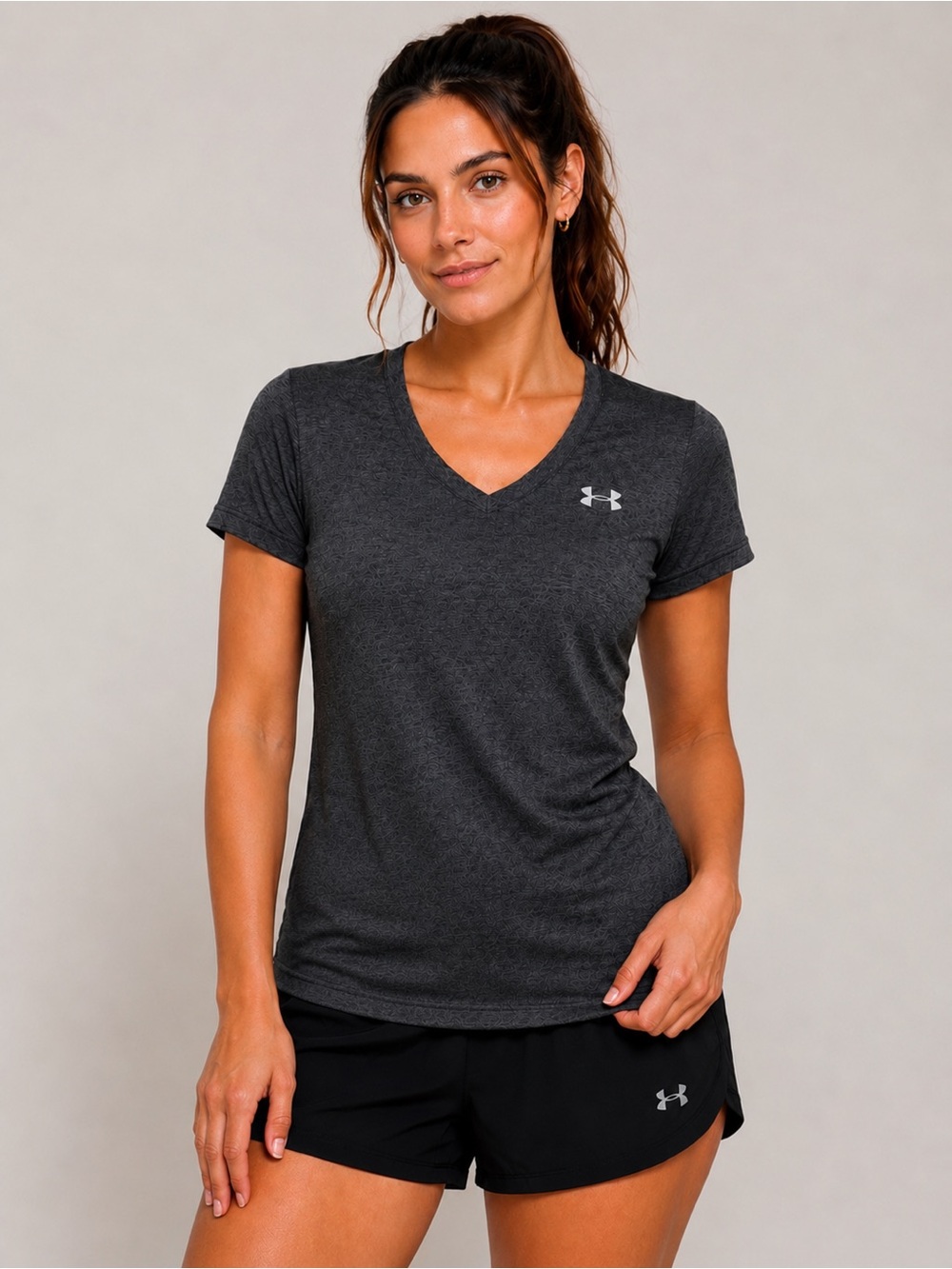 Under Armour Tech V-Neck Tee Women’s Large Gray HeatGear Athletic Workout Shirt